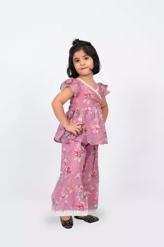 Twisha girls floral printed v-neck lace embellished top & palazzo set - pink