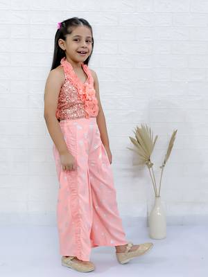 Twisha girls halter neck sequin top & printed palazzo set - peach 3