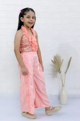 Twisha girls halter neck sequin top & printed palazzo set - peach