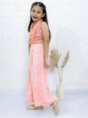 Twisha girls halter neck sequin top & printed palazzo set - peach 4