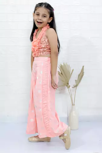 Twisha girls halter neck sequin top & printed palazzo set - peach