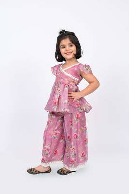 Twisha girls floral printed v-neck lace embellished top & palazzo set - pink 4