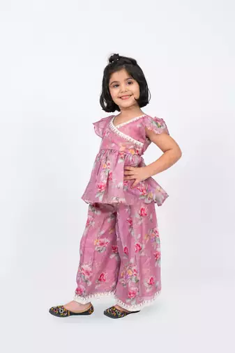 Twisha girls floral printed v-neck lace embellished top & palazzo set - pink