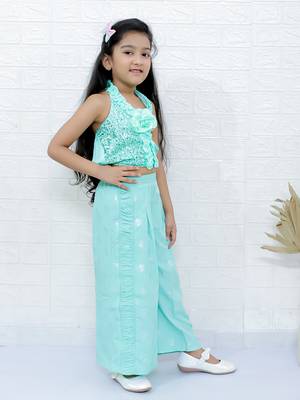 Twisha girls halter neck sequin top & pleated palazzo set - sea green 3