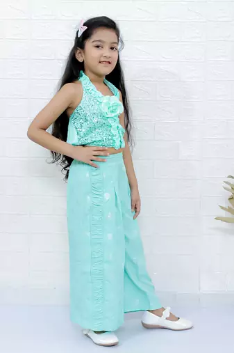 Twisha girls halter neck sequin top & pleated palazzo set - sea green