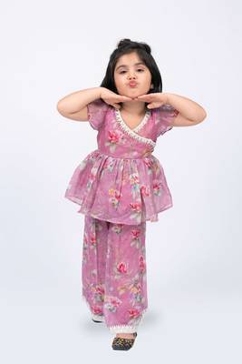 Twisha girls floral printed v-neck lace embellished top & palazzo set - pink 5