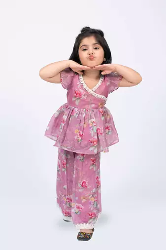 Twisha girls floral printed v-neck lace embellished top & palazzo set - pink