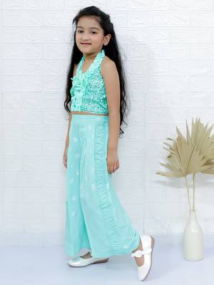 Twisha girls halter neck sequin top & pleated palazzo set - sea green 4