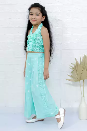 Twisha girls halter neck sequin top & pleated palazzo set - sea green