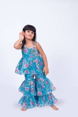 Twisha girls floral printed layered embellished top with decorative flower & layered sharara - blue 1