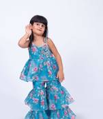 Twisha girls floral printed layered embellished top with decorative flower & layered sharara - blue
