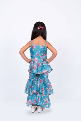 Twisha girls floral printed layered embellished top with decorative flower & layered sharara - blue 2