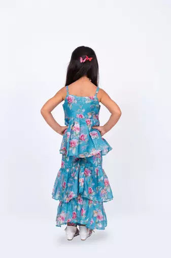 Twisha girls floral printed layered embellished top with decorative flower & layered sharara - blue