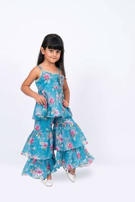 Twisha girls floral printed layered embellished top with decorative flower & layered sharara - blue 3