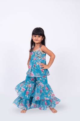 Twisha girls floral printed layered embellished top with decorative flower & layered sharara - blue 4