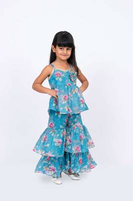 Twisha girls floral printed layered embellished top with decorative flower & layered sharara - blue 5
