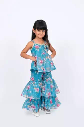 Twisha girls floral printed layered embellished top with decorative flower & layered sharara - blue