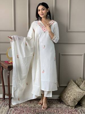 White Women Embroidered Pure Cotton Straight Kurta Pant Dupatta Set 1