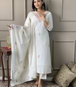 White Women Embroidered Pure Cotton Straight Kurta Pant Dupatta Set
