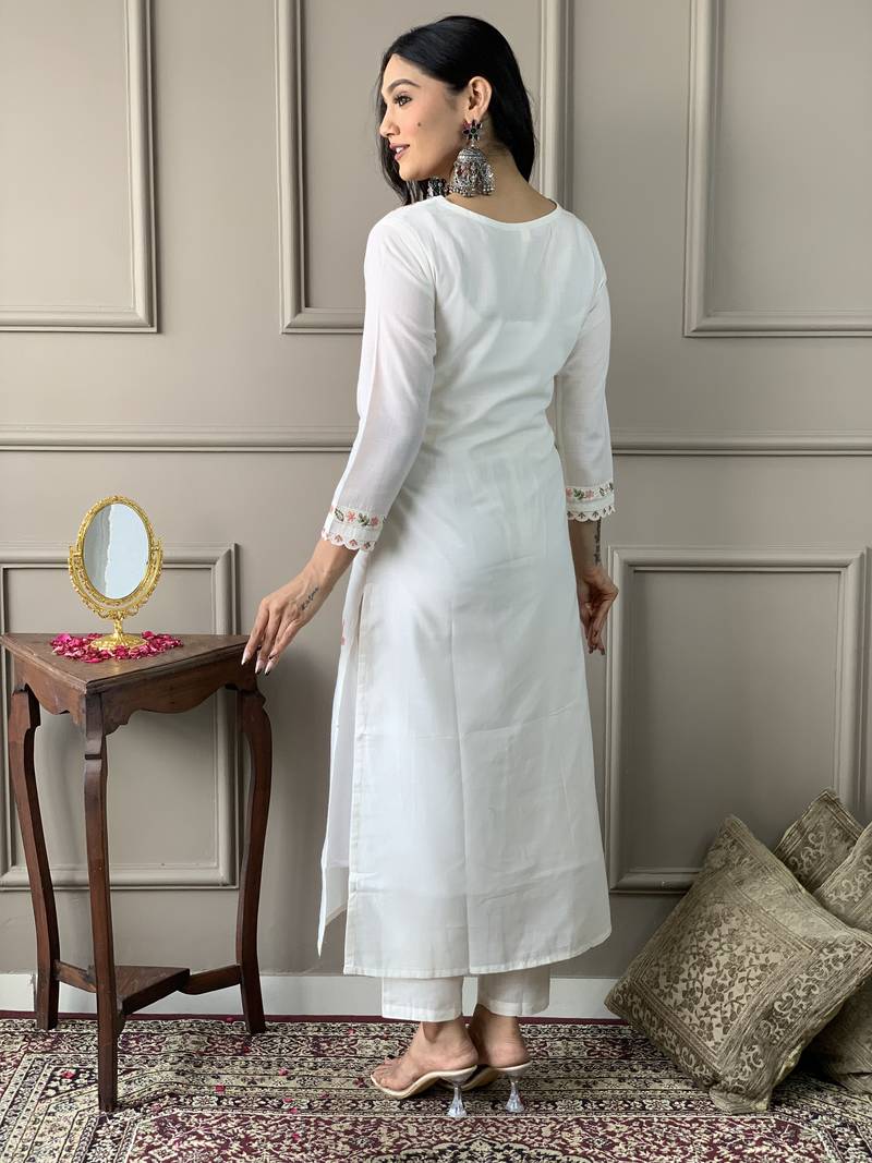 White Women Embroidered Pure Cotton Straight Kurta Pant Dupatta Set