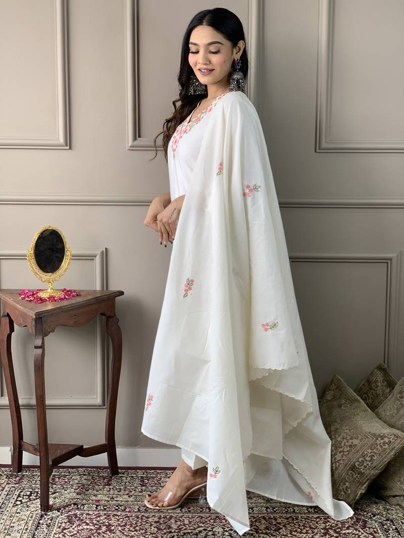 White Women Embroidered Pure Cotton Straight Kurta Pant Dupatta Set