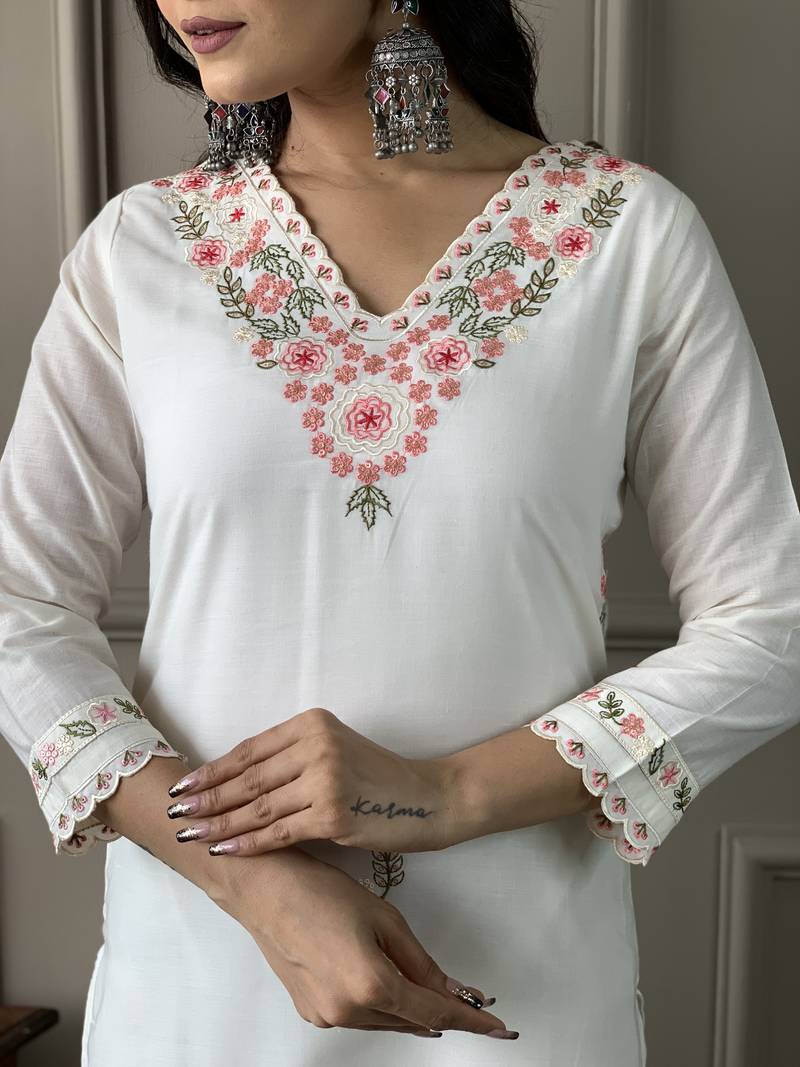White Women Embroidered Pure Cotton Straight Kurta Pant Dupatta Set