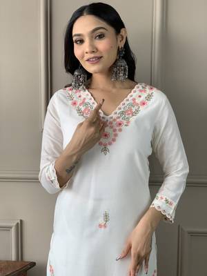 White Women Embroidered Pure Cotton Straight Kurta Pant Dupatta Set 5