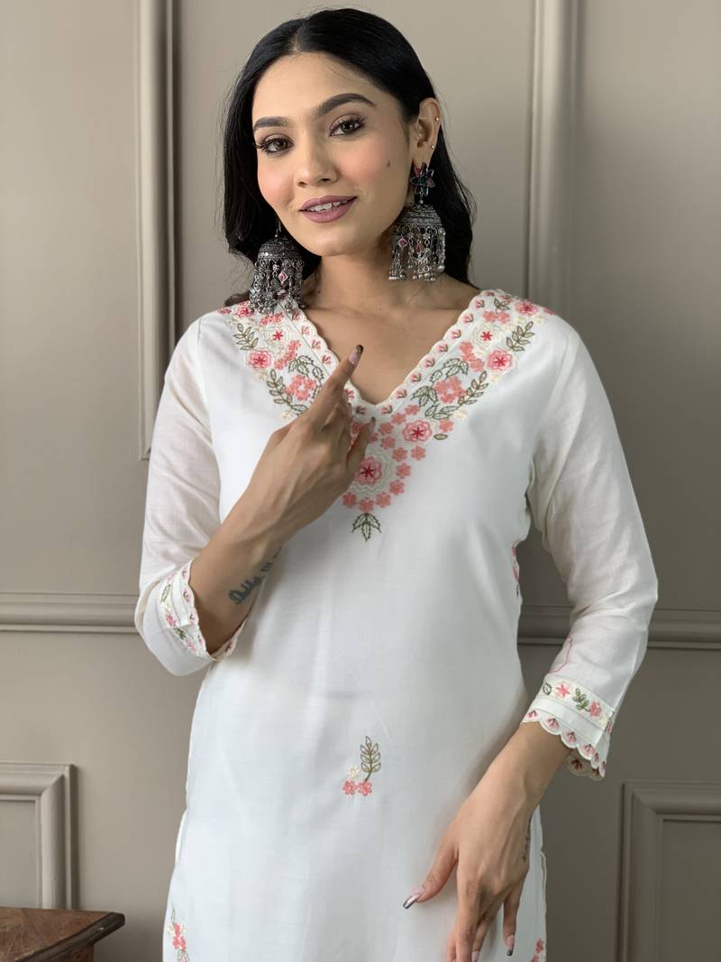 White Women Embroidered Pure Cotton Straight Kurta Pant Dupatta Set