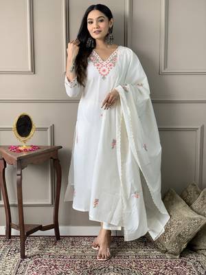White Women Embroidered Pure Cotton Straight Kurta Pant Dupatta Set 6