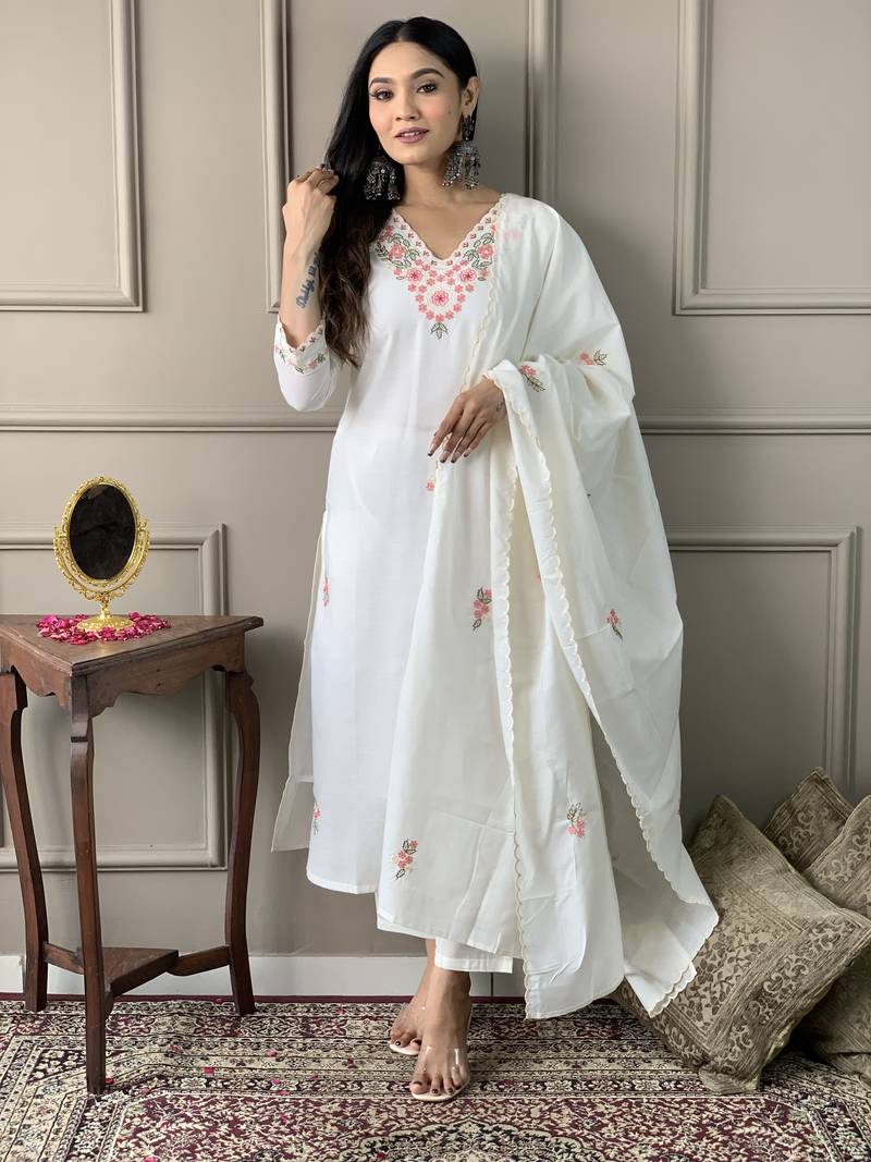 White Women Embroidered Pure Cotton Straight Kurta Pant Dupatta Set