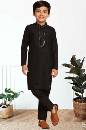 Black art silk embroidered kurta pyjama for boys indian traditional ethnic wear