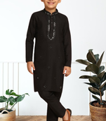 Black art silk embroidered kurta pyjama for boys indian traditional ethnic wear