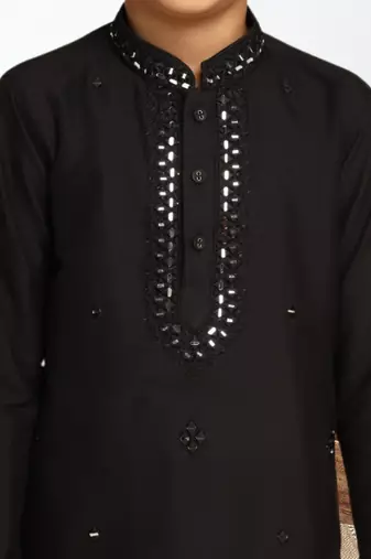 Black art silk embroidered kurta pyjama for boys indian traditional ethnic wear
