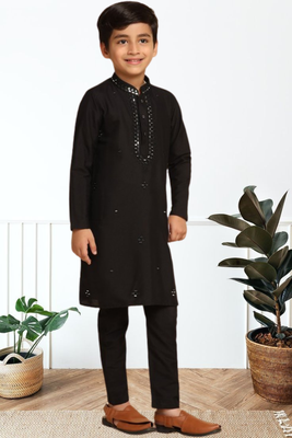 Black art silk embroidered kurta pyjama for boys indian traditional ethnic wear 3