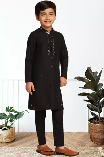 Black art silk embroidered kurta pyjama for boys indian traditional ethnic wear