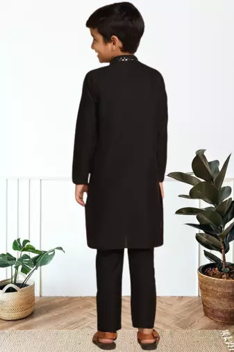 Black art silk embroidered kurta pyjama for boys indian traditional ethnic wear