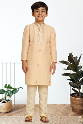 Cream art silk embroidered kurta pyjama for boys indian traditional ethnic wear 1