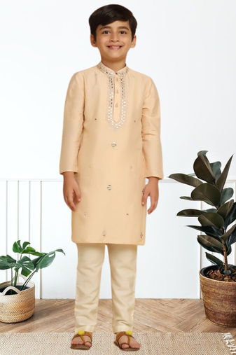 Cream art silk embroidered kurta pyjama for boys indian traditional ethnic wear