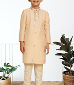 Cream art silk embroidered kurta pyjama for boys indian traditional ethnic wear