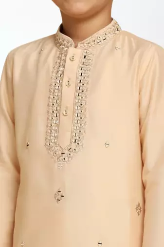 Cream art silk embroidered kurta pyjama for boys indian traditional ethnic wear