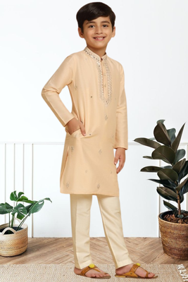 Cream art silk embroidered kurta pyjama for boys indian traditional ethnic wear 3