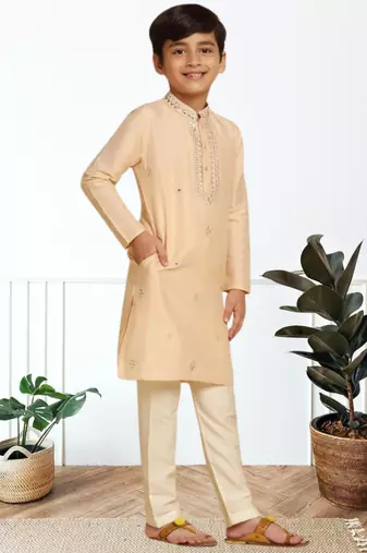 Cream art silk embroidered kurta pyjama for boys indian traditional ethnic wear