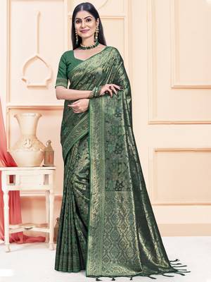 Sangam Prints Green Satin Silk Woven Work Festival Saree 1