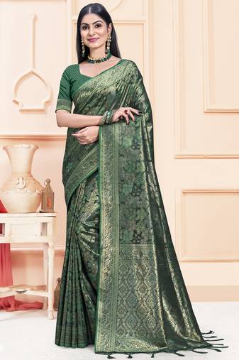Sangam Prints Green Satin Silk Woven Work Festival Saree