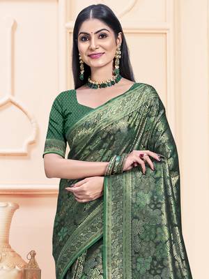 Sangam Prints Green Satin Silk Woven Work Festival Saree 2