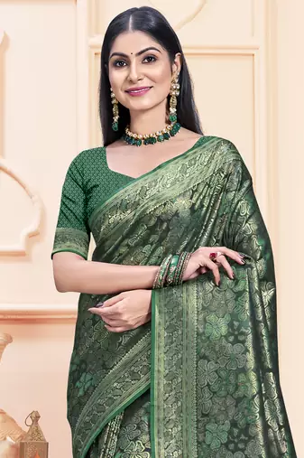 Sangam Prints Green Satin Silk Woven Work Festival Saree