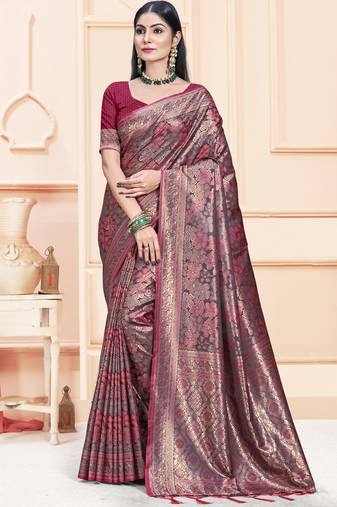 Sangam Prints Magenta Satin Silk Woven Work Festival Saree