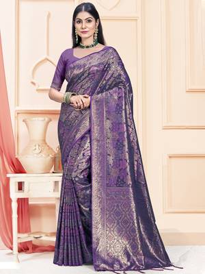 Sangam Prints Lavender Satin Silk Woven Work Festival Saree 1