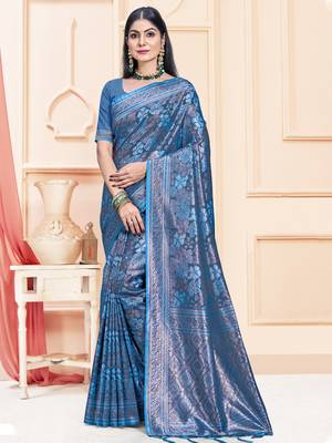 Sangam Prints Blue Satin Silk Woven Work Festival Saree 1