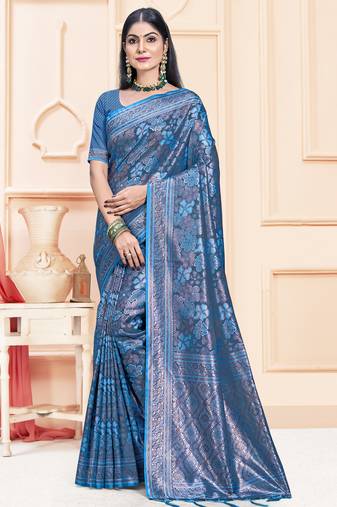 Sangam Prints Blue Satin Silk Woven Work Festival Saree